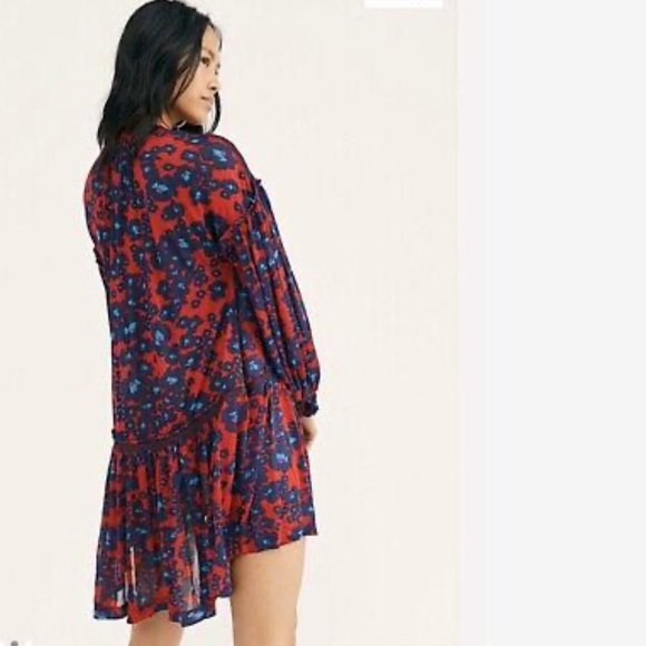 Free People Red and Blue Bishop Sleeve Sundress Merlot love letter combo small S - Picture 6 of 16